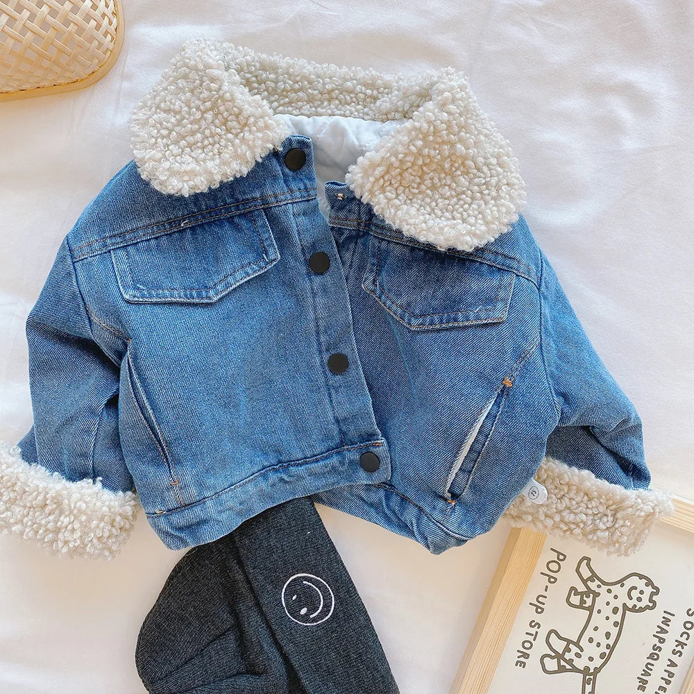 2023 New Spring Winter Kids Denim Jacket Baby Boys Girls Warm Coat Fashion Children Outerwear Toddler Baby Clothes