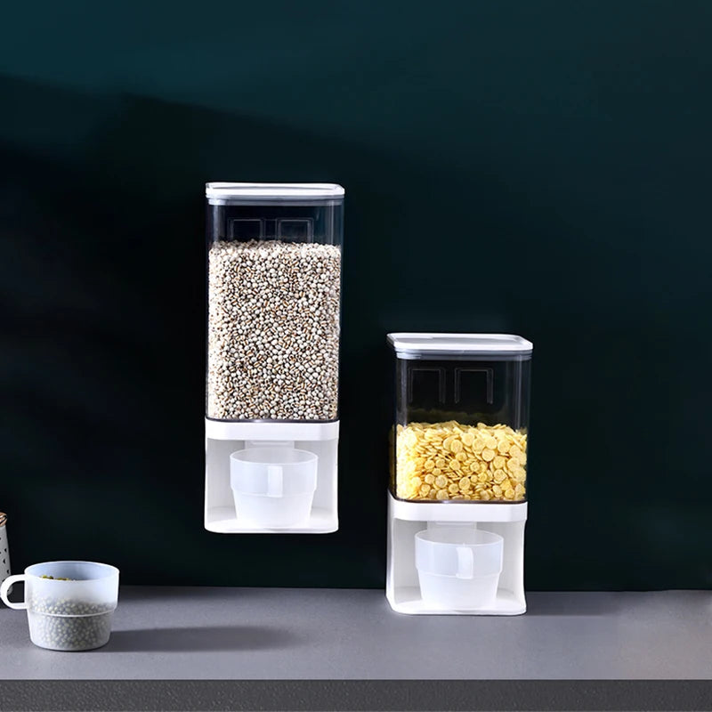 1L/1.5L Cereal Dispenser Wall Mounted Plastic Divided Rice Container Insect Proof Moisture Proof Rice Storage Kitchen Organizer