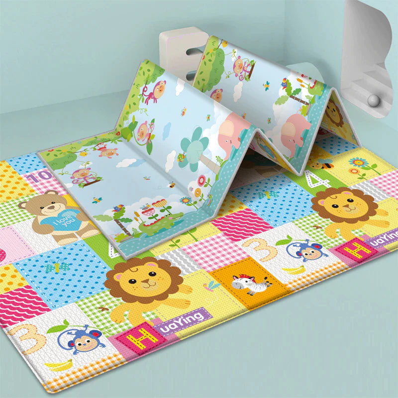 Baby Play Mat Foldable Children Carpet Double-Sided Cartoon Pattern Kids Room Carpet Educational Activity Surface Easy to Carry