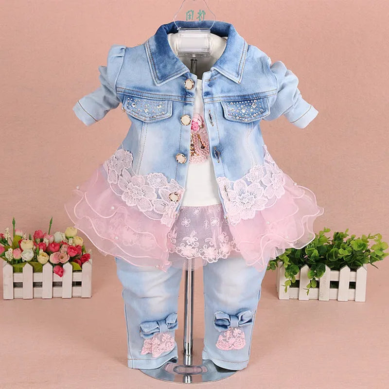 Baby Girls Denim 3Pcs Clothing Sets Autumn Kid Girls Fashion Coat Tops Pants Tracksuits Spring Clothing Children Casual Outfits