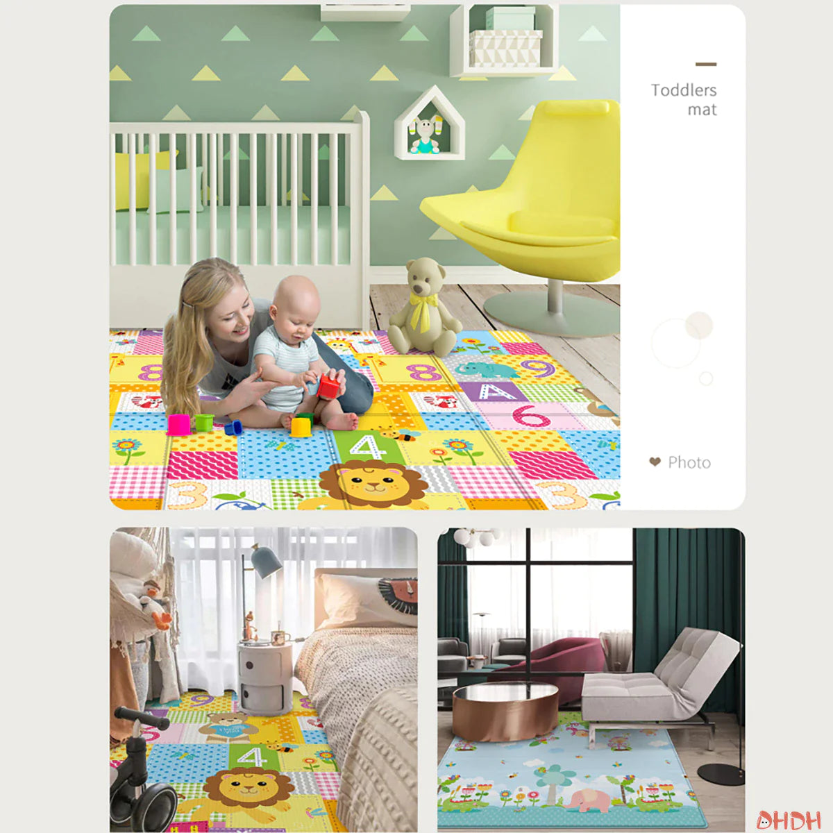 Baby Play Mat Foldable Children Carpet Double-Sided Cartoon Pattern Kids Room Carpet Educational Activity Surface Easy to Carry