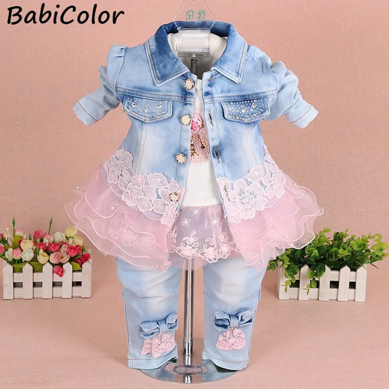 Baby Girls Denim 3Pcs Clothing Sets Autumn Kid Girls Fashion Coat Tops Pants Tracksuits Spring Clothing Children Casual Outfits